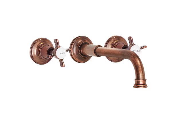 Wall Basin Three Hole Lever Taps with Basin Spout - Cross Handle