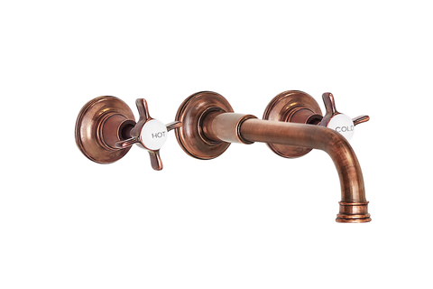 Wall Basin Three Hole Lever Taps with Basin Spout - Cross Handle Antique Copper / Cross Handle